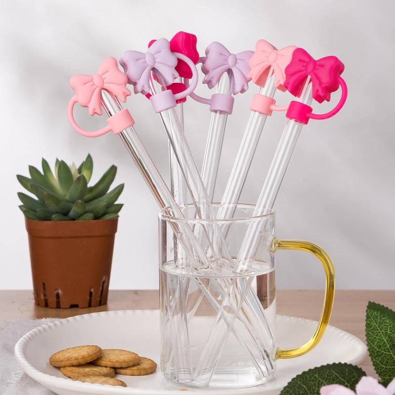 linmaya 6PCS Bow Straw Toppers, Cute Straws Covers for Stanley 30&40 Oz Tumbler with Handle, 10mm Dust-Proof Drinking Straw Dispensers Straw Topper Cap for Girls Kids (Pink Bow) - Image 2